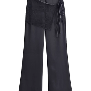 Women Elegant High Waist Wide Leg Pants Satin Texture Black Lace Wrap Trousers With Ribbon Bow Tie Long Trousers Fashion