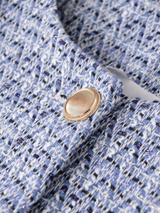 Detail of blue and white tweed fabric texture with a circular golden metal button