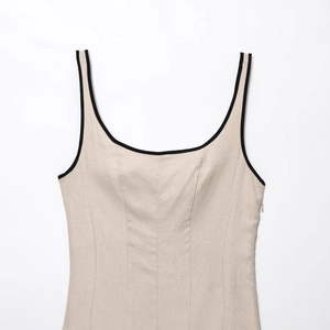 Contrast trim beige linen midi dress with square neck and vintage sleeveless design