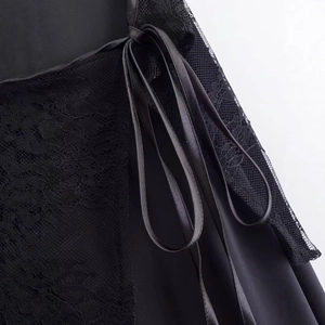 Fashionable black satin and lace high waist straight trousers for women in autumn style