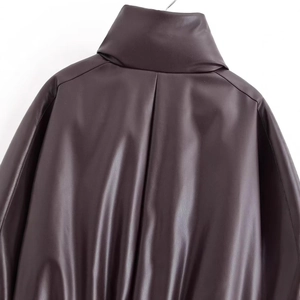 Deep brown faux leather jacket with high collar and inverted pleat back detail