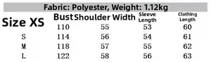 Size chart for faux fur gradient coat including bust, shoulder and sleeve measurements