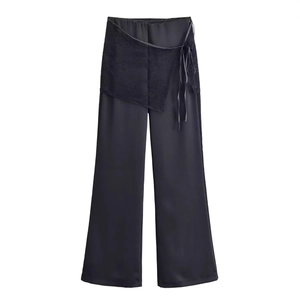 Women's black high waist wide leg satin trousers with stylish lace wrap and side tie belt