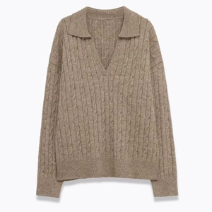 Women's Cable Knit Polo Sweater V Neck Long Sleeve Loose Pullover Khaki Knitted Top For Autumn Winter Casual Daily Wear