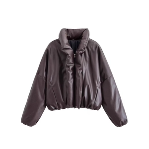 Women's dark brown faux leather puffer jacket with stand collar and elastic hems