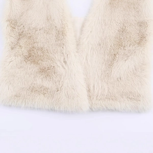 Front view of a plush cream faux fur vest featuring a soft sleeveless cardigan design