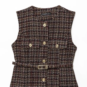 Women's textured tweed sleeveless vest dress with gold buttons and adjustable waist belt