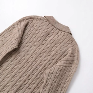 Women's classic camel brown cable-knit sweater with polo collar and thick soft texture