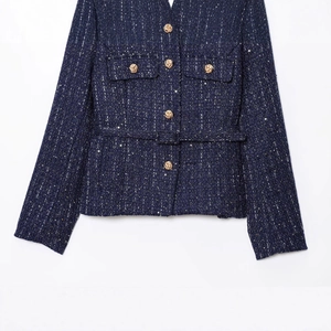 Women's dark blue tweed jacket with sparkling silver fibers and gold embossed buttons