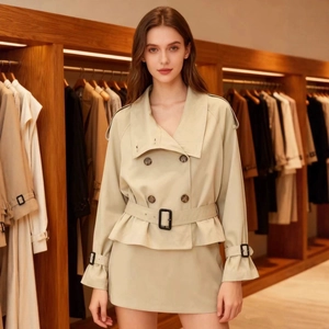 Women khaki double-breasted short trench jacket and skirt set with waist belt