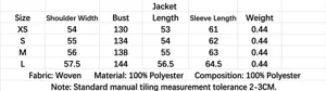 Detailed size guide and material specs for polka dot seersucker jacket in cm