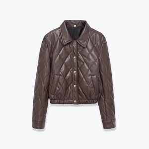 Women Fashion Dark Brown Quilted PU Leather Jacket Vintage Lapel Long Sleeve Single Breasted Button Up Coat Outerwear
