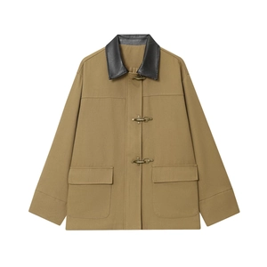 Khaki cargo jacket with black leather collar and vintage metal hook buckles