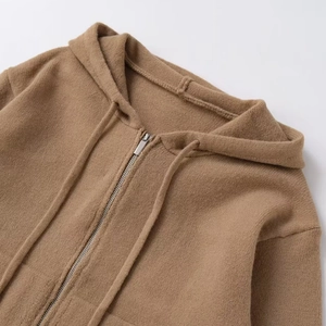 Brown hooded knit cardigan for women with silver metal zipper and cozy textured fabric