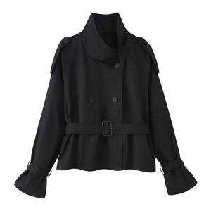 Short black double-breasted trench coat with high collar, epaulettes, and belted waistline
