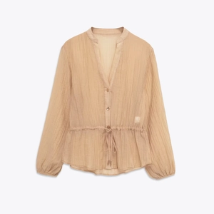 Chic long-sleeve pleated blouse for women with V-neckline and adjustable drawstring waist