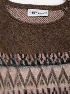 Detailed view of the vintage jacquard knit sweater collar with fuzzy mohair texture