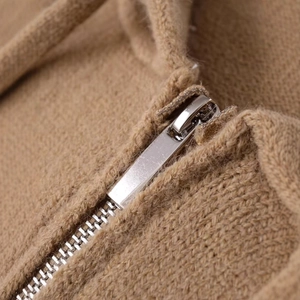 Brown casual long sleeve knit cardigan sweater with metal zipper and drawstring detail