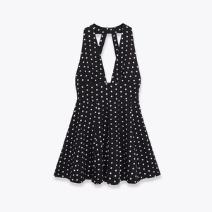 Women Vintage Polka Dot Halter Mini Dress Sexy V Neck Backless Sleeveless Slim Fit A-Line Party Dress