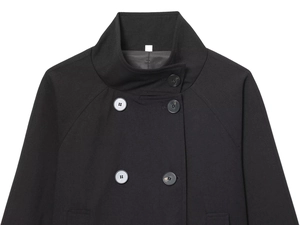Detailed close-up of double-breasted buttons and stand collar on black wool coat