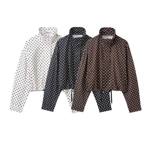 Polka dot cropped jacket with stand collar in black, white, and brown color options