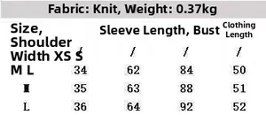 Detailed size chart for women's knit sweater with measurements for S, M, and L sizes