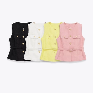 Elegant Women Tweed Vest Sleeveless Top With Gold Buttons Round Neck Single Breasted Commuter Outerwear Featuring Waist Belt