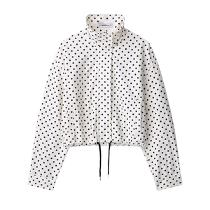 Polka dot puff sleeve jacket with stand collar and adjustable drawstring hem for women