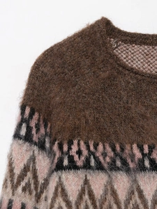 Close-up of vintage geometric jacquard knit sweater with fuzzy mohair texture and crewneck