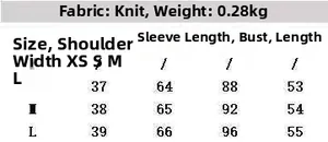 Detailed size chart for long sleeve knitted sweater with fabric weight specifications