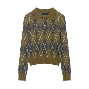 Women's long sleeve Polo knit sweater featuring classic Argyle pattern in olive and grey