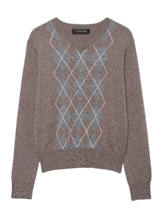 Detail of V-neck collar and Argyle pattern on brown blend knit sweater with ribbed cuffs