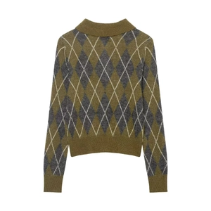 Vintage argyle knit sweater with lapel collar and long sleeves in olive green and grey