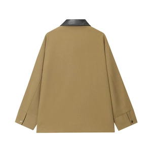 Back view of khaki cotton utility jacket with contrast black faux leather collar detail
