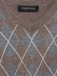 Detailed view of the V-neck opening and textured argyle knit pattern on the sweater