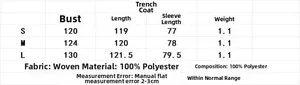 Size chart table for long trench coat showing measurements for S, M and L sizes in cm