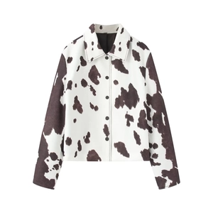 Women Cow Print Jacket Lapel Long Sleeve Single Breasted Short Coat Animal Pattern Baseball Style Outerwear