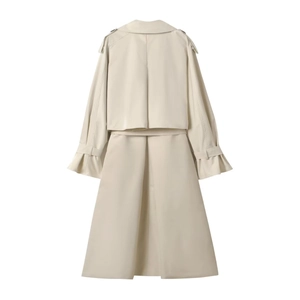 Elegant beige long trench coat with a back cape detail and stylish ruffled buckled cuffs