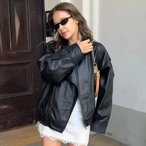 Veste de Mode en Similicuir pour Femme Col Montant Manches Longues PU Veste de Motard Décontractée Ample Streetwear Automne Hiver Noir