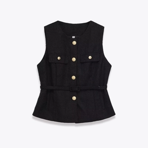 Elegant black tweed vest for women with gold buttons and matching waist belt
