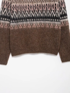Detail of vintage Fair Isle knit sweater with fluffy mohair texture and ribbed hemline