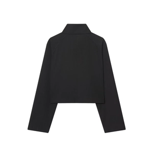 Short black wool blend jacket with high collar and raglan sleeves on white background