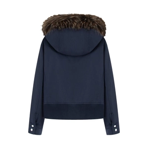 Detail view of navy blue padded jacket with detachable faux fur collar and ribbed hem