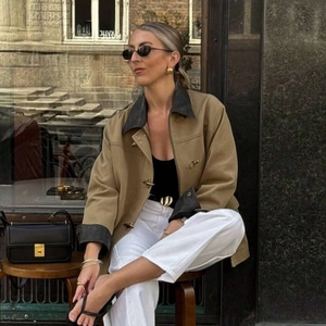 Women Casual Khaki Workwear Jacket With Black Leather Collar Metal Hook Closures Loose Long Sleeve Outerwear Street Fashion