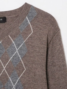 Close-up of ribbed neckline and argyle knit pattern on a brown wool blend sweater