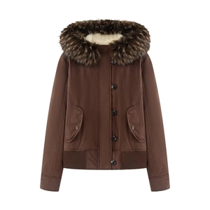 Women's dark brown hooded parka jacket with detachable faux fur trim and cozy fleece lining
