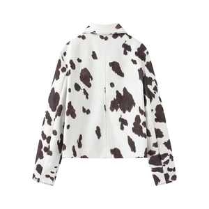 Back view of a faux leather cow print jacket with lapels and black-brown patches