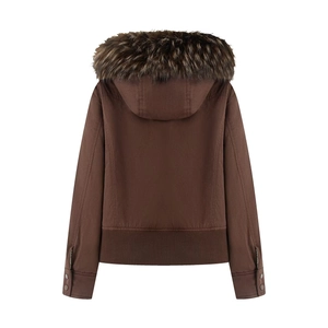Women's short dark brown jacket with a plush faux fur collar shown from the back view