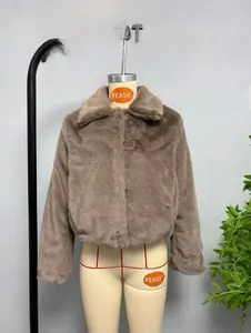 Detail of a brown faux fur jacket showing the plush texture and classic lapel collar