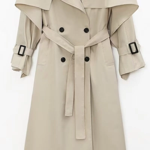 Classic khaki double-breasted trench coat with waist belt and buckle sleeve details